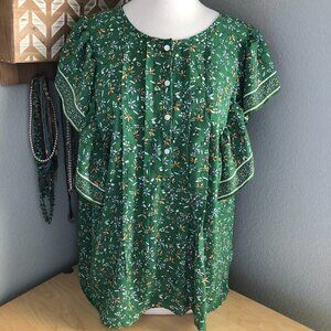 Max Studio Crepe Blouse Women's size 1X Kelly Green & White Floral Ruffle NEW